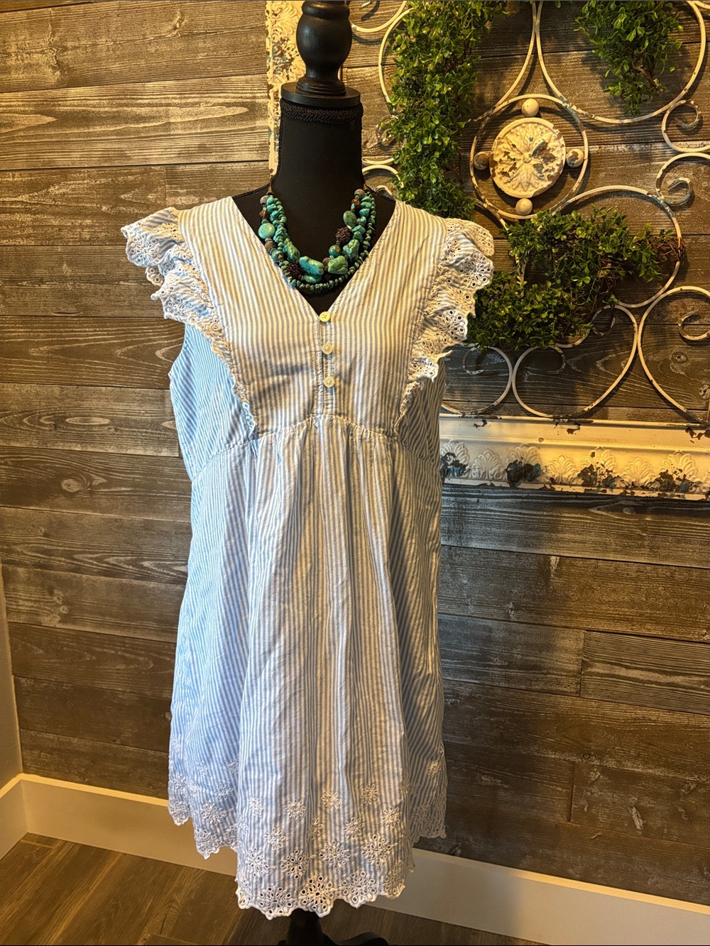 Loft (Size Medium) Women’s Blue & White Striped Lace Trim Sundress - Cotton